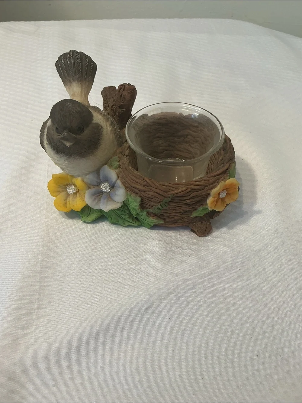 Bird Nest Votive Holder with Yellow & Light Blue Floral Accents